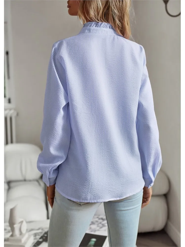 Simple Women Shirt Fashion Ruffles Stand Collar Long Sleeve Elegant Office Blouse White Top Spring Summer Causal Pink Shirts