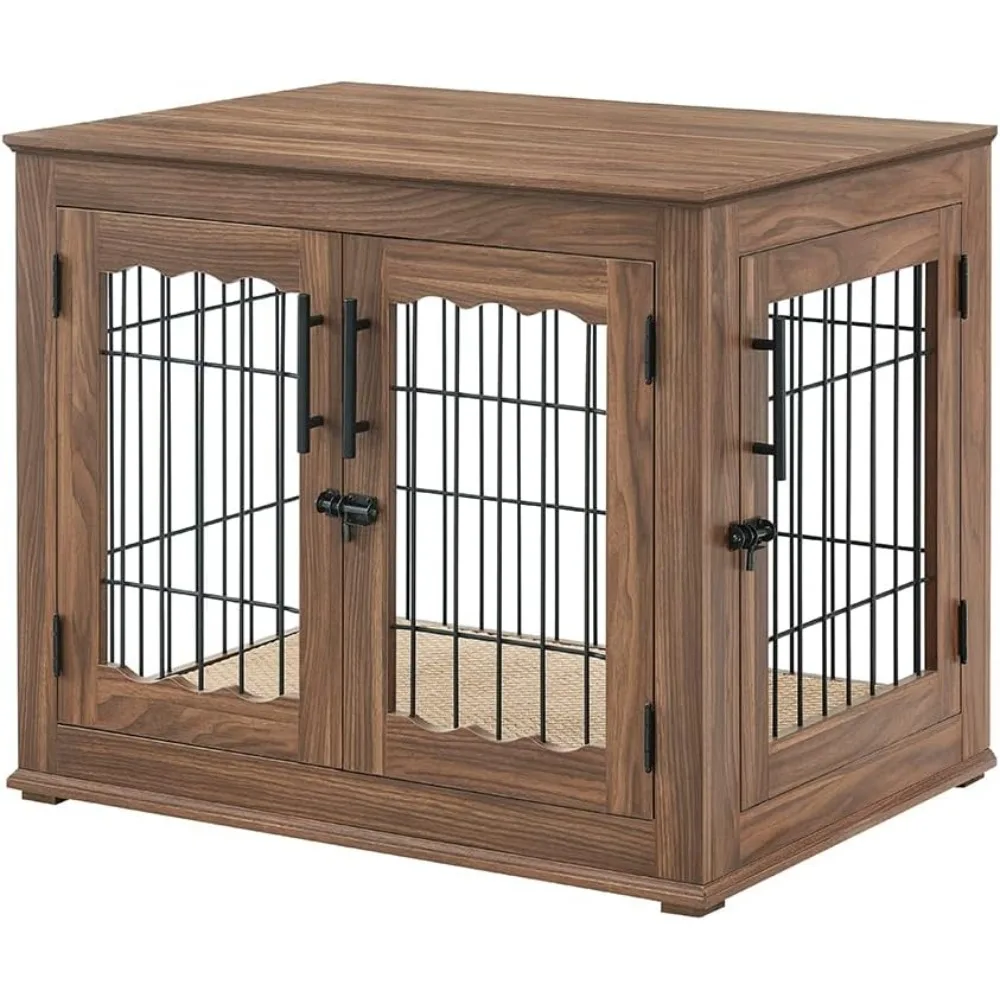 Stylish Double Door Wooden Wire Dog Crate End Table - Decorative Pet House with Comfortable Pet Bed