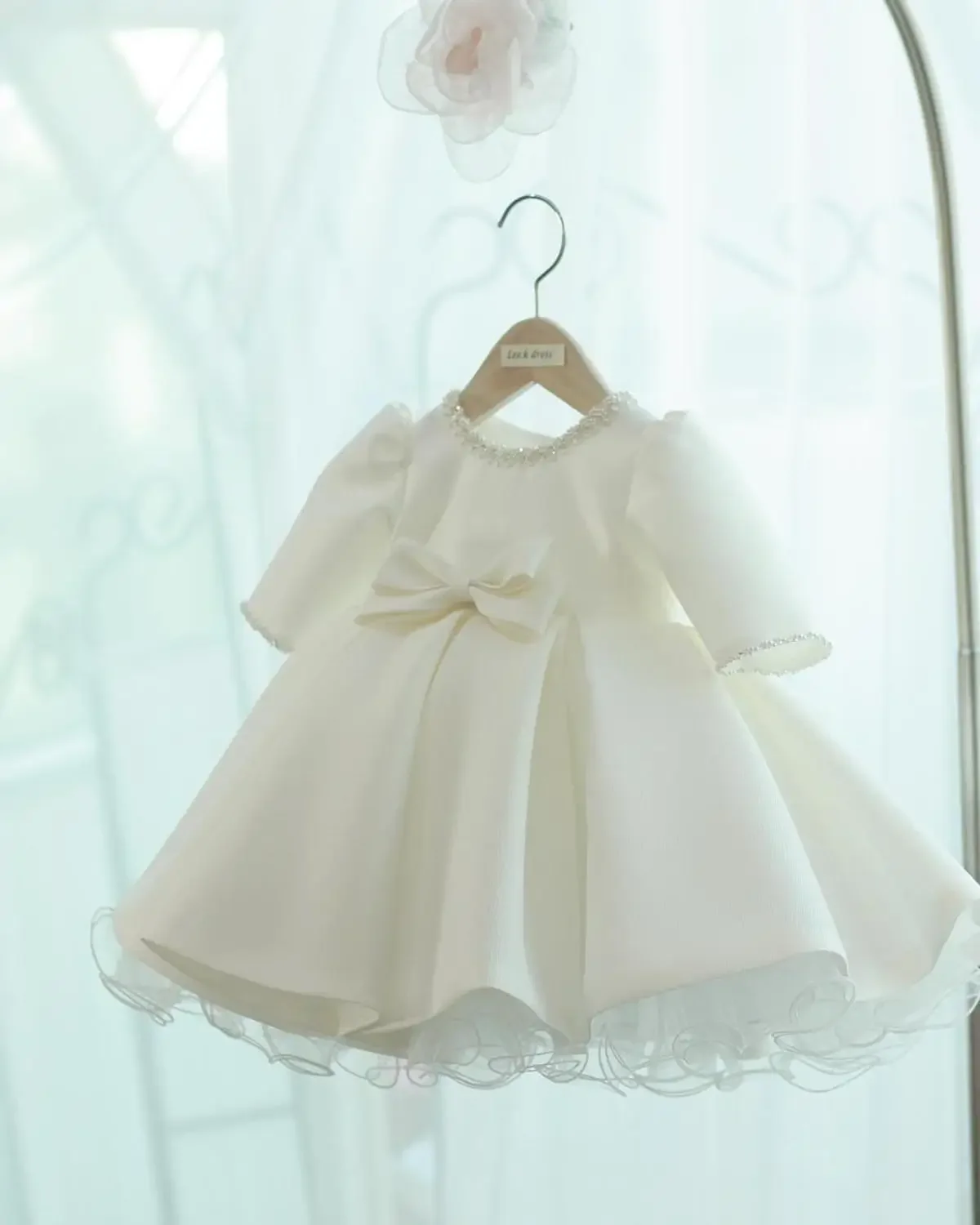 Long Sleeve Baby Girl Dresses Beads Bow Baptism Dress for Princess 1 year Birthday Party Wedding Gown Baby Christening Clothing