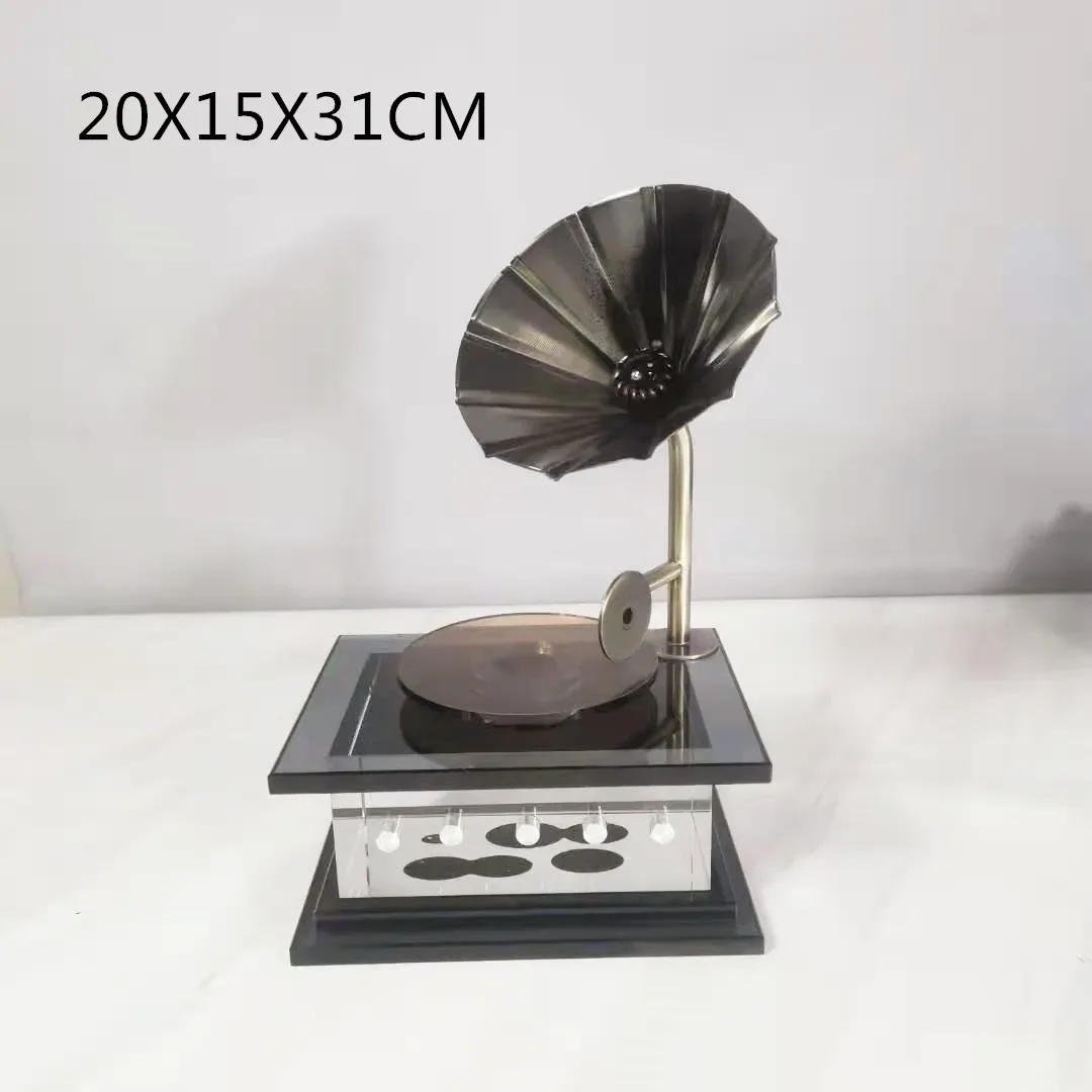 Simple modern black curved gramophone, crystal glass ornaments, model room, living room, entrance, table decoration