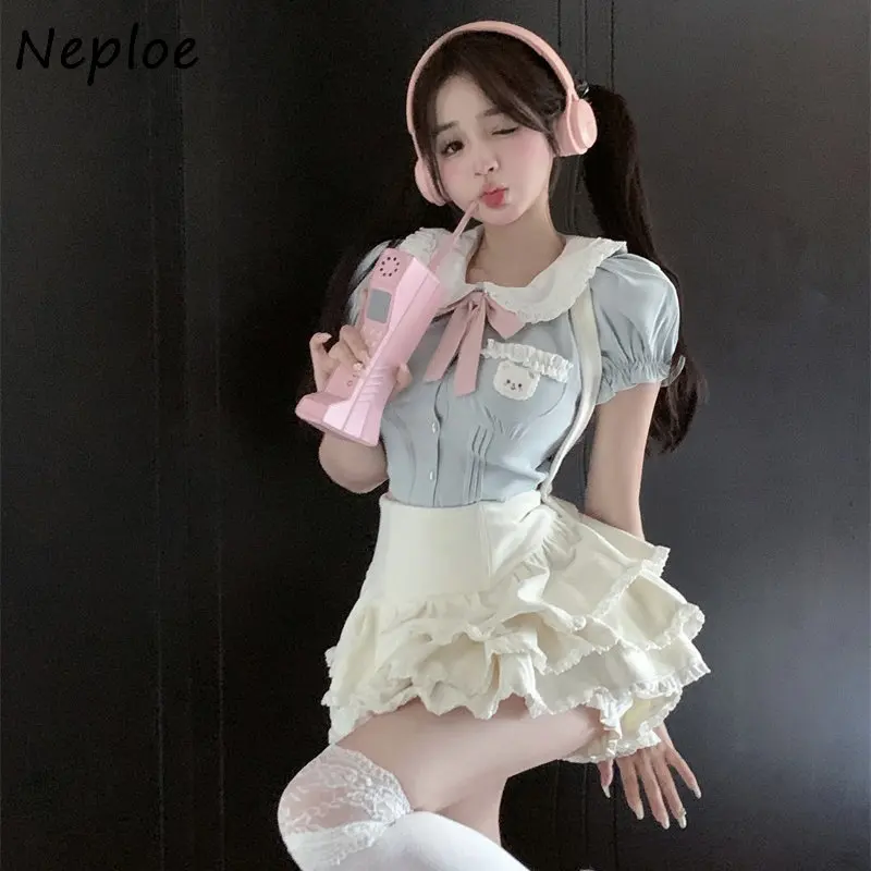 Neploe Elegant Kawaii Peter Pan Collar Bow Shirts Women Summer Sweet Puff Sleeve Blouses Y2k E-Girl Slim Fit Blue Blusas Mujer