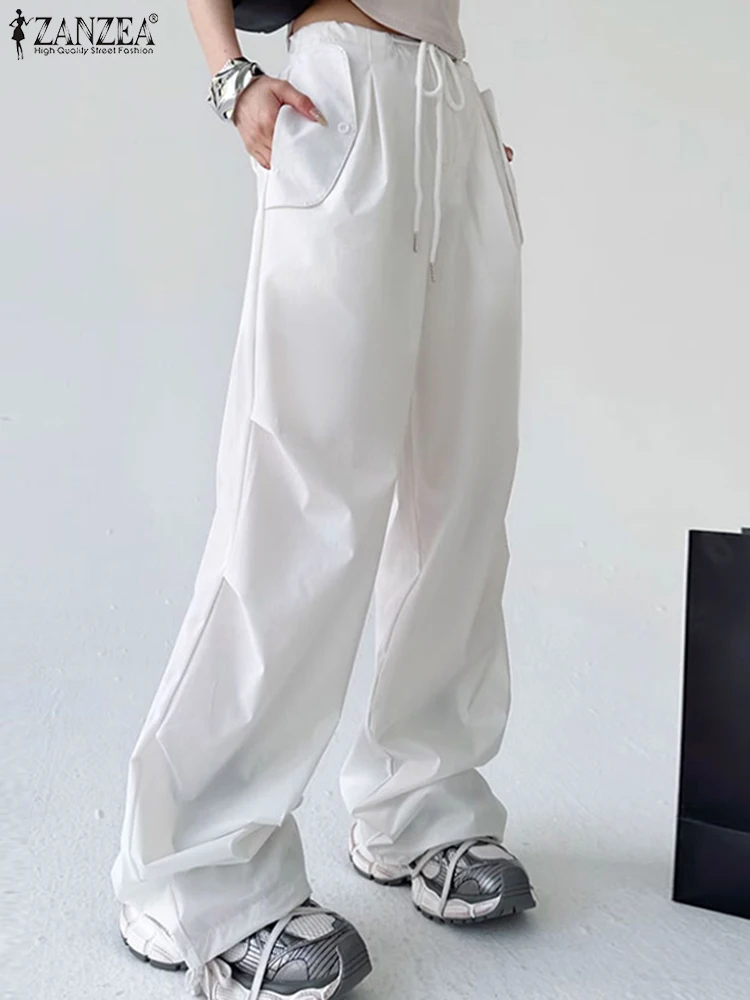 

ZANZEA Streetwear Draped Trousers Solid Color Stylish 2025 Trendy Women Wide Leg Pants Loose Casual Drawstring Waist Pantalon