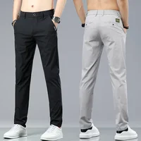 Summer Ice Silk Stretch Casual Pants Men Thin Soft Fashion Business Elastic Korean Slim Male Clothes Trousers Gray Black Green 2