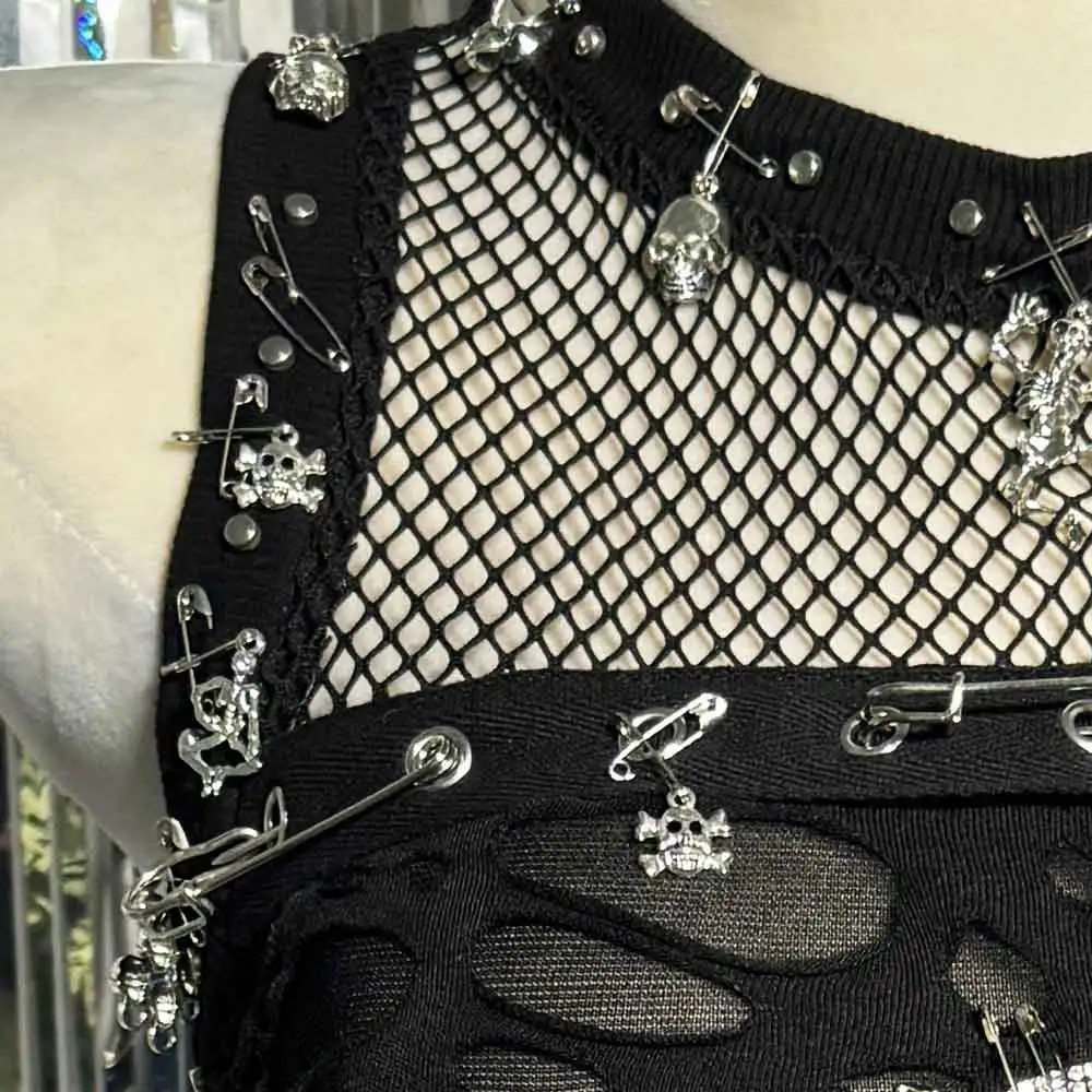 في سن المراهقة Harajuku دبوس Y2K القمم خمر 90s DIY بها بنفسك E-الفتيات يدوية الشرير الصخرة ملابس للنادي ايكو ايمو الجرونج القوطية تانك القوطي Kawaii الجمجمة #1