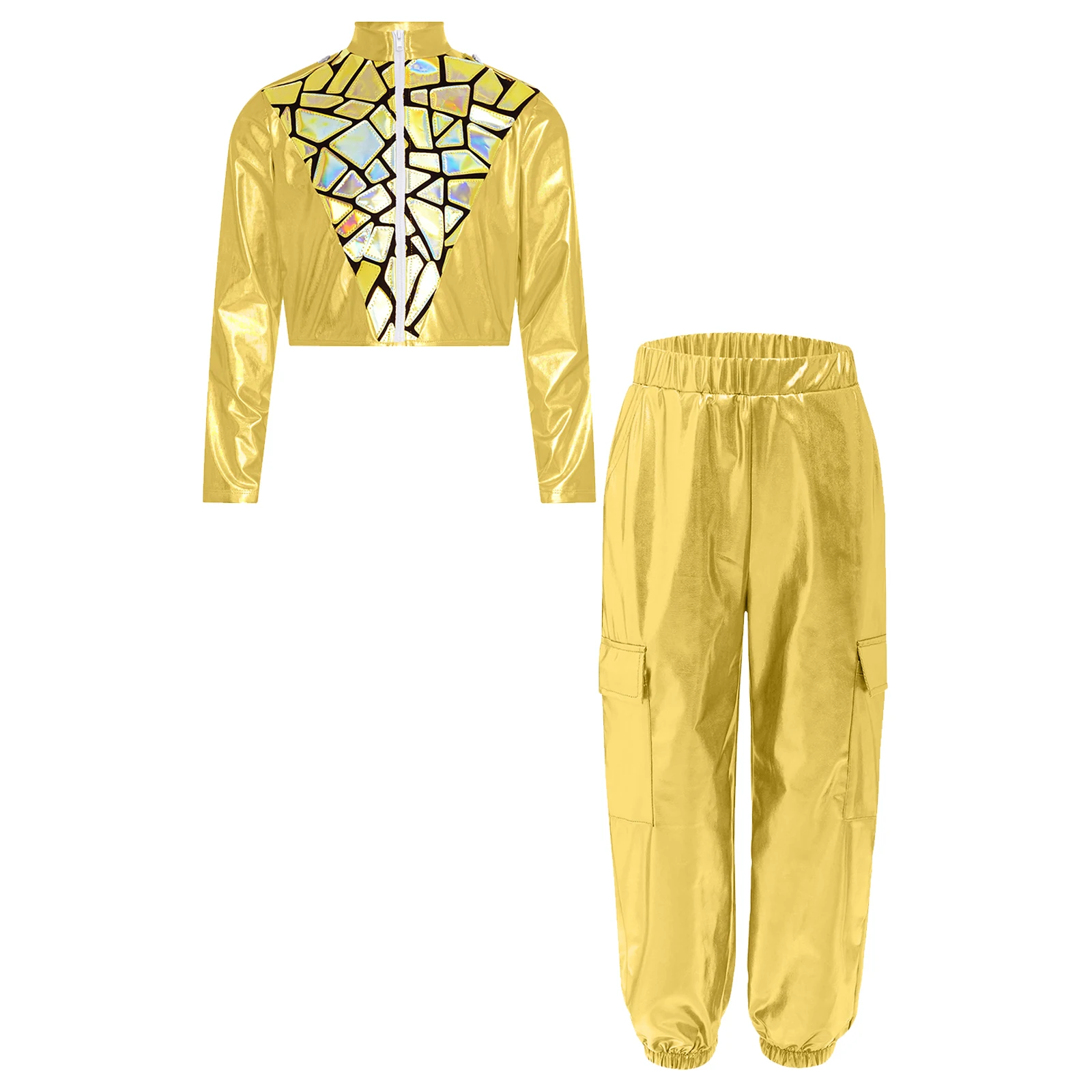

Kids Girls Boys Hip-Hop Jazz Dance Outfit Shiny Sequins Metallic Stand Collar Long Sleeve Zipper Cropped Jacket+Cargo Pants 2Pcs