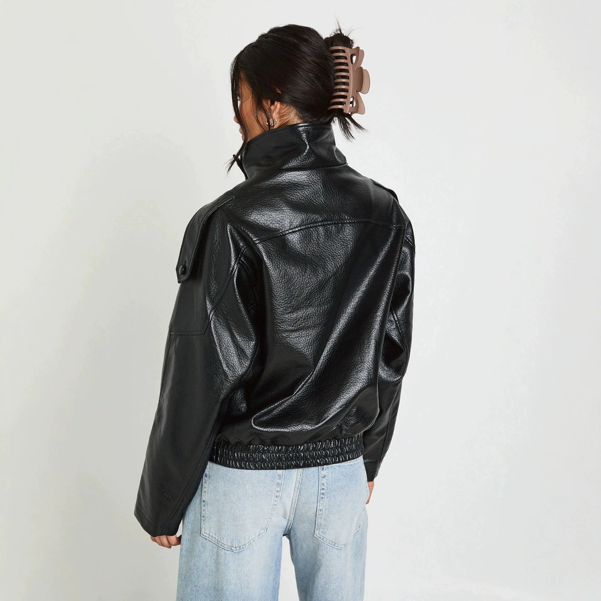 Faux Leather Black Jackets For Woman New Arrival Cropped Oversize Bomber Jacket Zip-Up Long Sleeve Coats Motorcycle Jackets