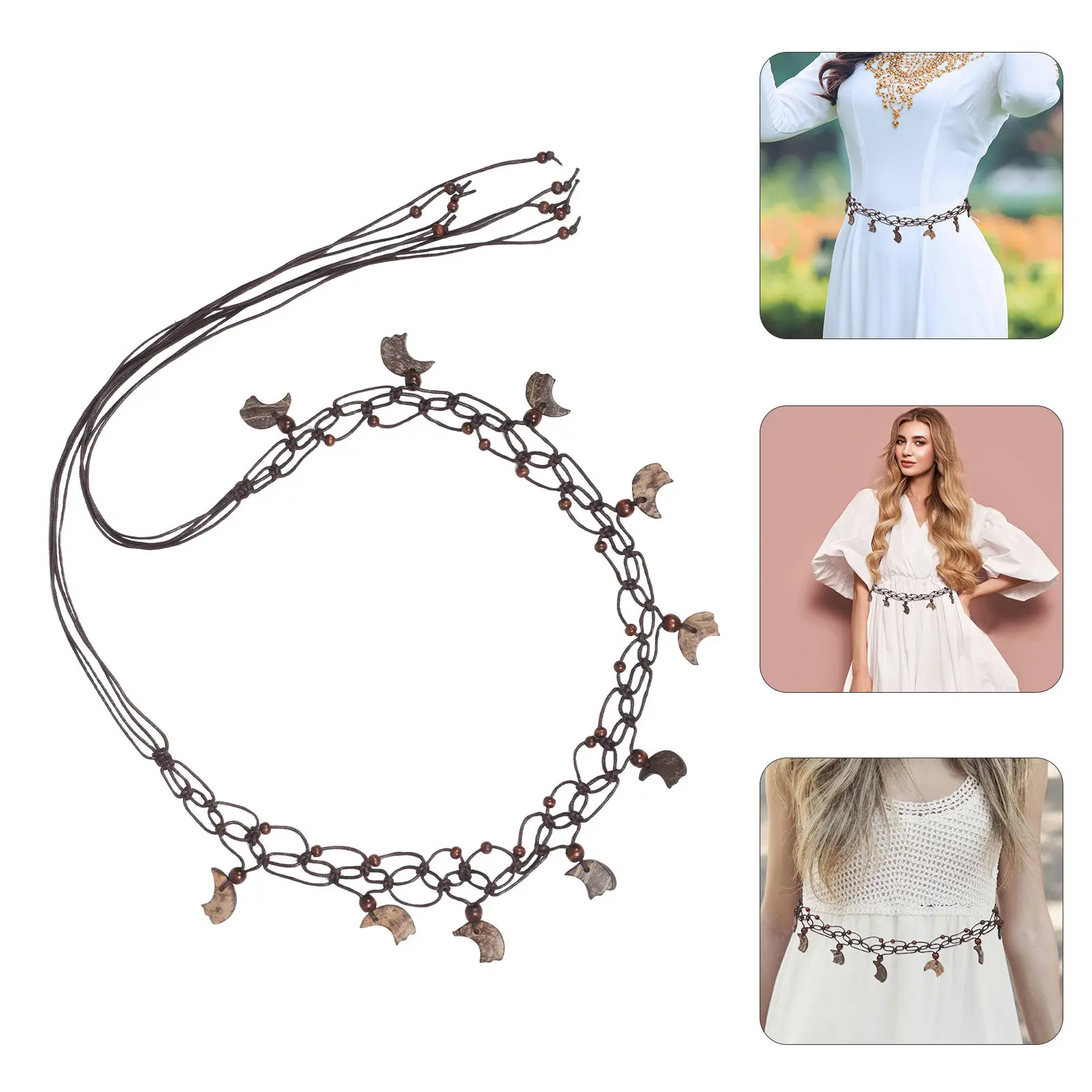 

Плетеный пояс ручной работы в богемном стиле для женщин, регулируемый, с натуральными кокосовыми элементами, этнический винтажный модный пояс для платья, повседневный, пляжный