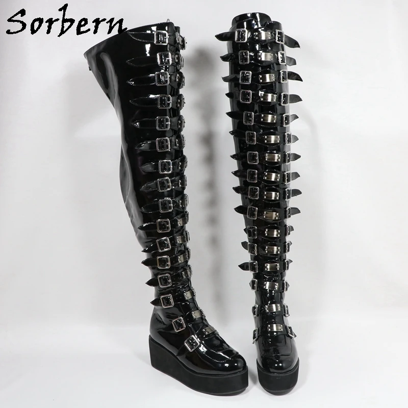Sorbern Unisex Style Mid Thigh High Boots Multi Buckle Straps Flatform Wedges Round Toe Long Boot Rear Zipper Custom Wide Calf