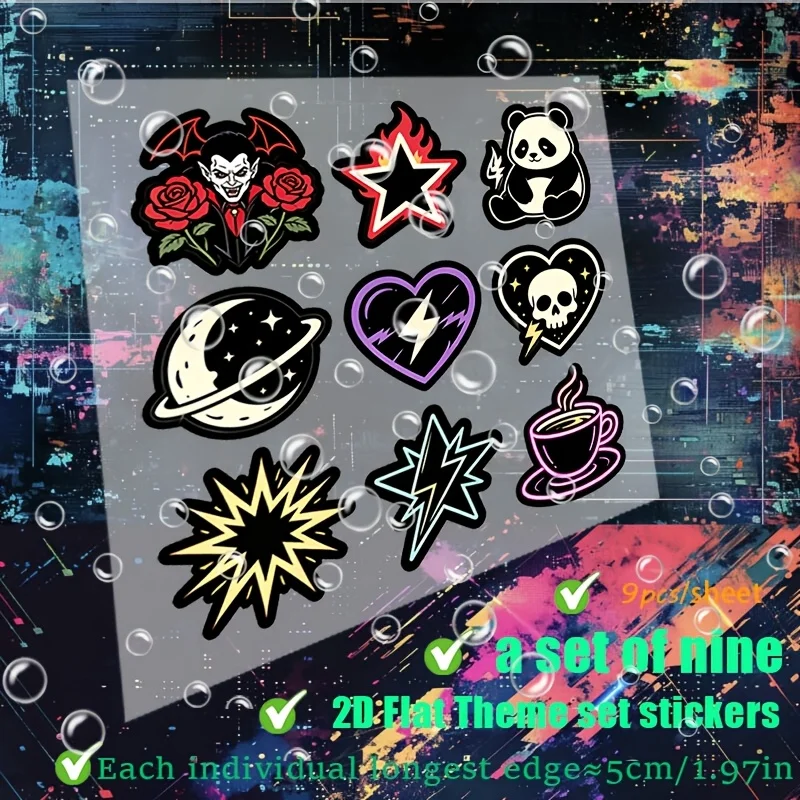 9Pcs 2D Flat Gothic Tattoo Style Waterproof Vinyl Stickers Vampire Panda Skull Lightning Decals For Car Laptop Halloween Gift