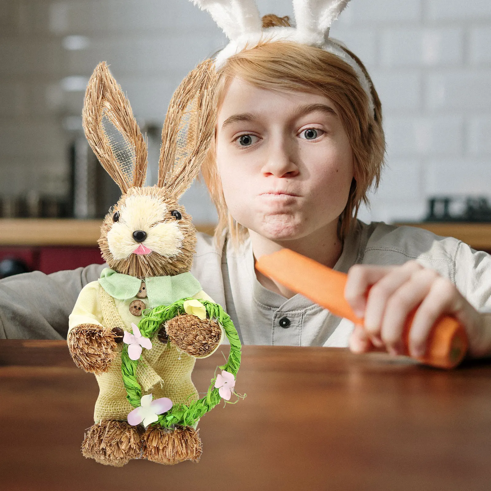 

2Pcs Rabbit Statue Decor Handmade Straw Woven Bunny for Garden Bonsai Indoor Outdoor Home Holiday Decoration Straw Woven Bunny