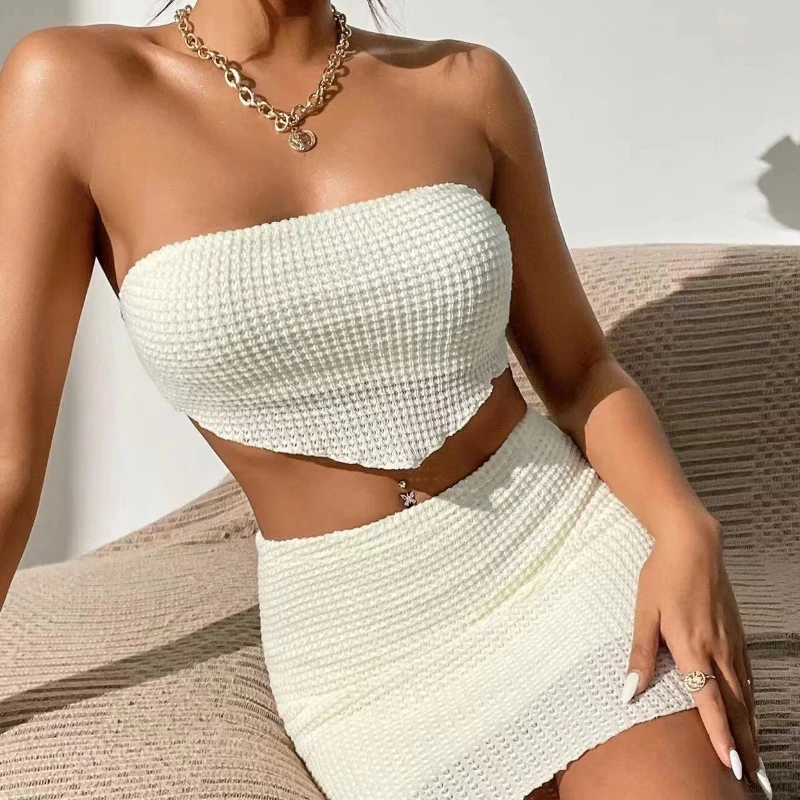 2024 Europe and America Sexy Knit Suit Off-the-shoulder Strap Small Fragrance Suit Skirt