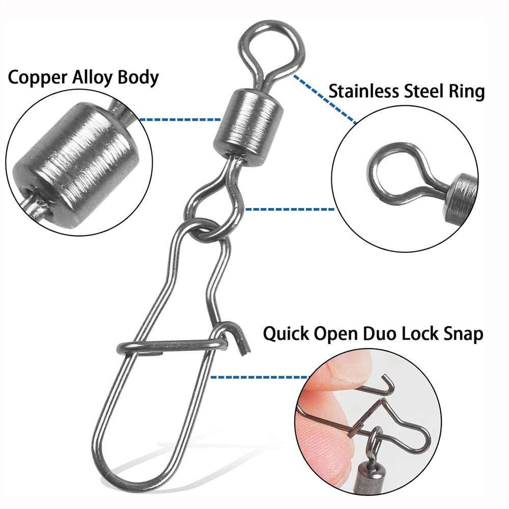 55Pcs Fishing Swivels Snap Rolling Barrel Swivels with Duo lock Clips Stainless Steel Quick lure Fishing Connector Tackle