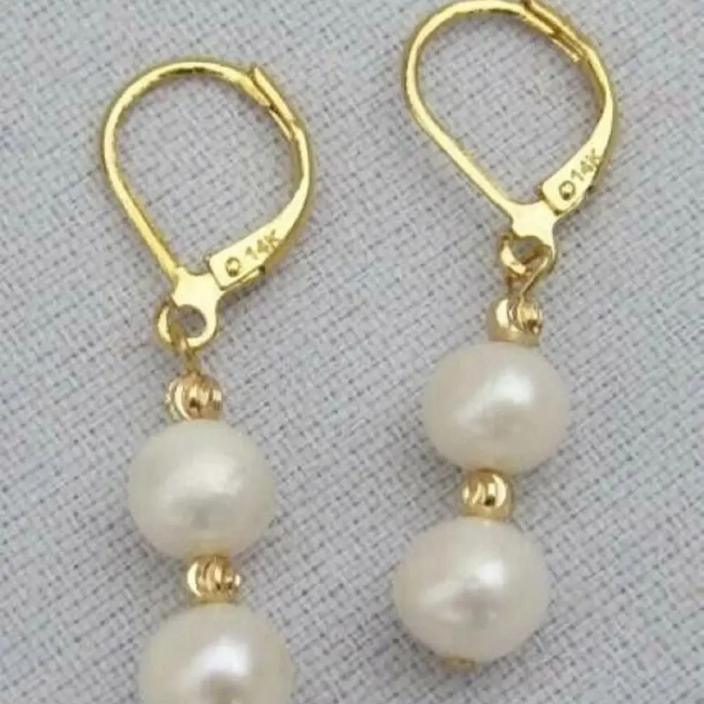 Natural 9-10mm AKOYA White Pearl Earrings 14K YELLOW GOLD Baroque Freeshippings Items