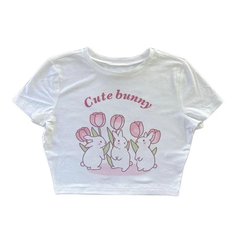 Women T-Shirt Crop Top Y2k Kawaii Cute Bunny Graphic Harajuku Summer Short Sleeve Baby Tees Streetwear Korean Popular Clothes