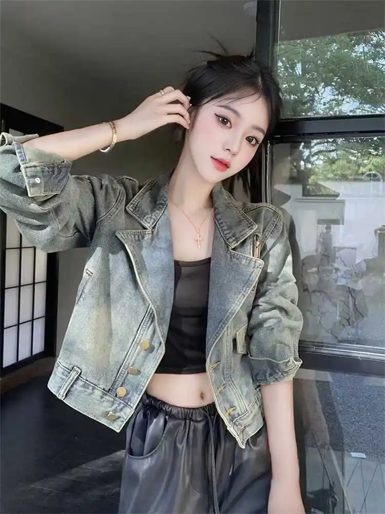 Vintage Blue Jeans Jacke Damen Kurzmantel Lose Jeansjacken Bomberjacke Langarm Top Design Ästhetisch Goth Trendy