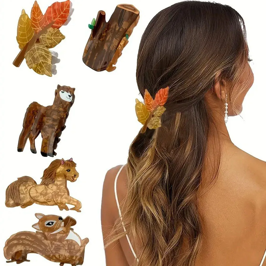 Animal Series Gripper Cute Alpaca Hairpin Squirrel Horse Shark Clip Leaf Stump Hairpin Happy Autumn Birthday Party Decors 2024