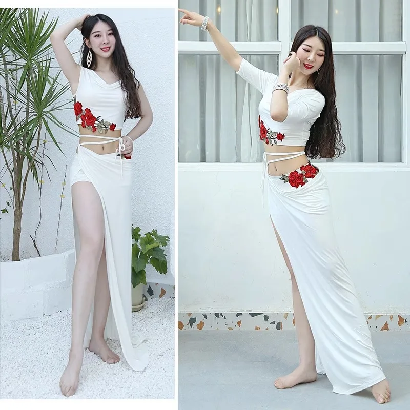 Costume de danse du ventre personnalisé, tenue d'entraînement, tenue de spectacle de danse orientale Sexy, vêtements de danse modaux Rose brodés pour femmes