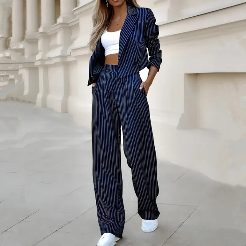 Women Two Piece Set Short Blazer and Pants Set Elegant Long Sleeve Notched Collar Striped Work Coat & Straight Leg Pants Suit