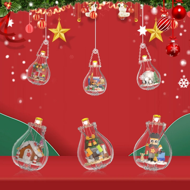 MOC Christmas Decorative Pendant Building Block Light Bulb Model Set for Snowman Elk Animal Santa Claus Toys Gift for Children