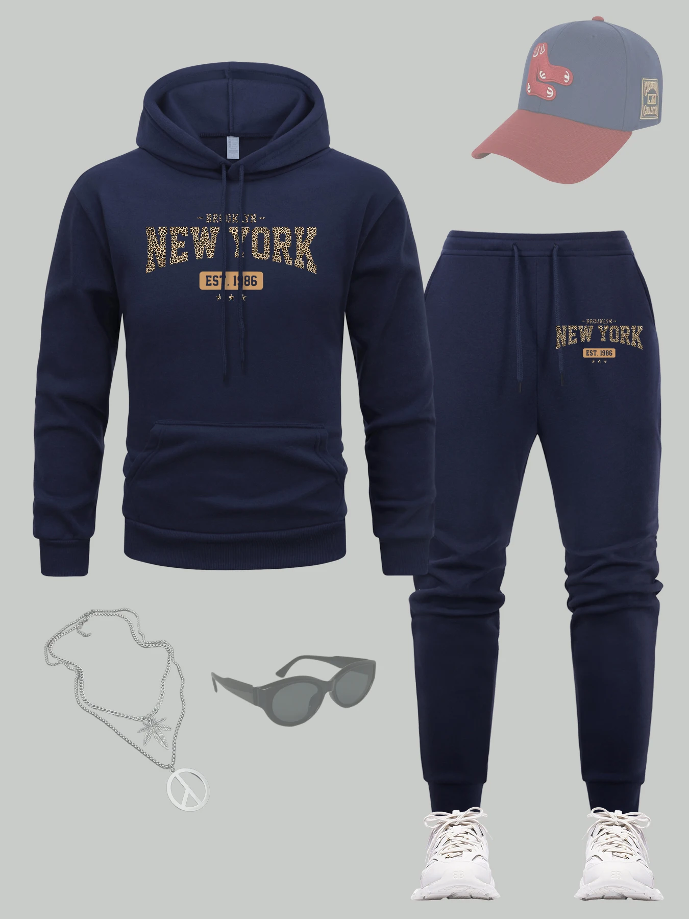 

New York Brooklyn Est.1986 Мужской комплект с капюшоном с принтом, флисовые мягкие толстовки, осенняя свободная спортивная одежда, разноцветные повседневные спортивные штаны