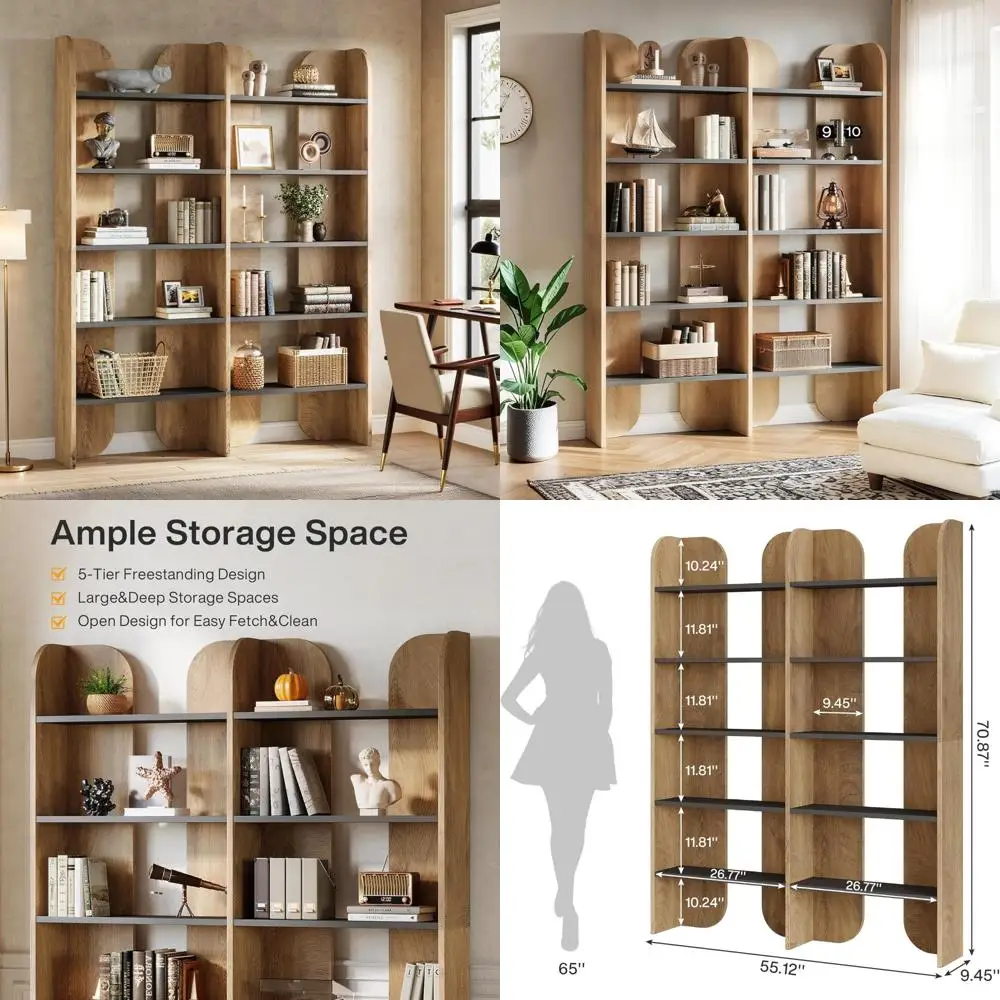 Tribesigns 70.87 Inch Tall Vintage Brown and Black Double Wide 5-Tier Farmhouse Style Bookshelf