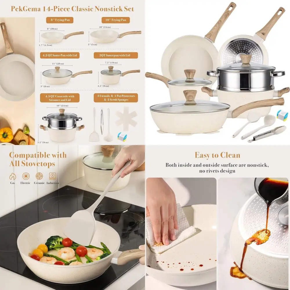 

14-Piece Nonstick Ceramic Cookware Set, Healthy White Kitchenware, Induction Compatible, PFAS/PTFE/PFOA Free