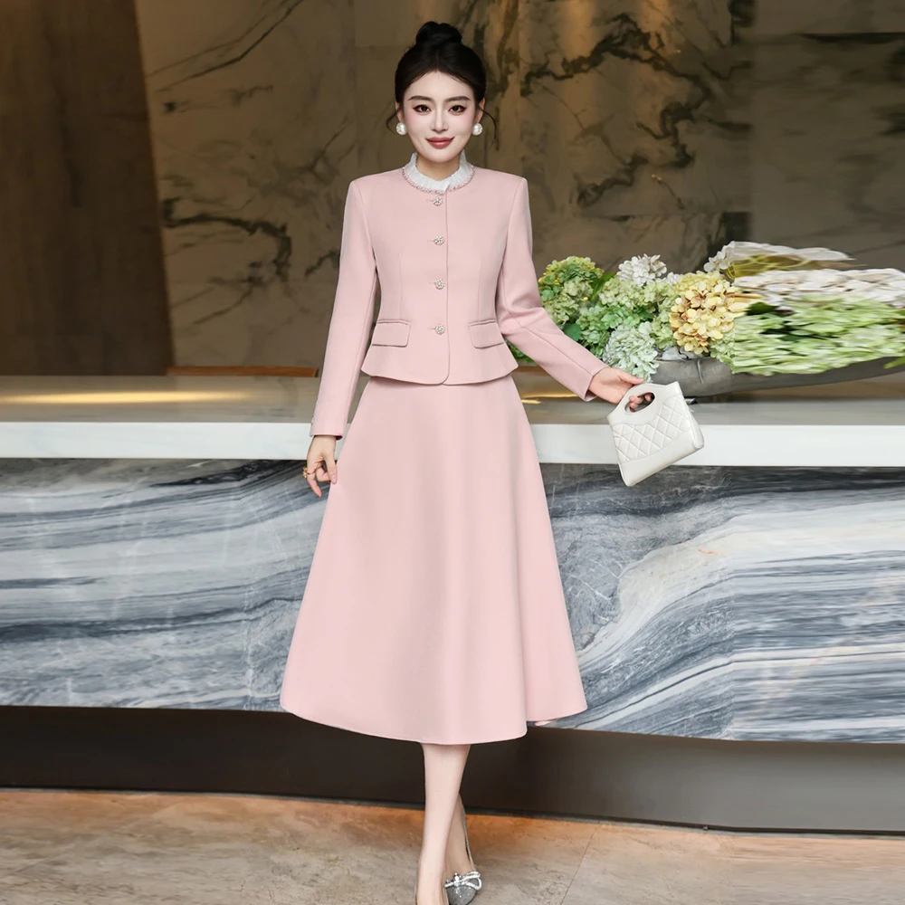 

ZJYT Дизайнерские элегантные женские комплекты платьев из двух предметов Женский пиджак с бисером и юбка миди Aline Костюм Розовый Черный наряд Офисная работа