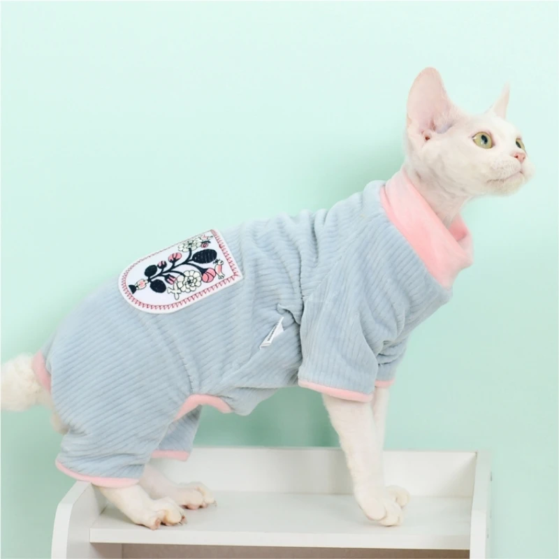 Sphynx Cat Clothes Soft Green Striped 4-legged Jumsuit For Kittnes Dogs OverSize Coat for Kittens in Spring Loungewear for Devon