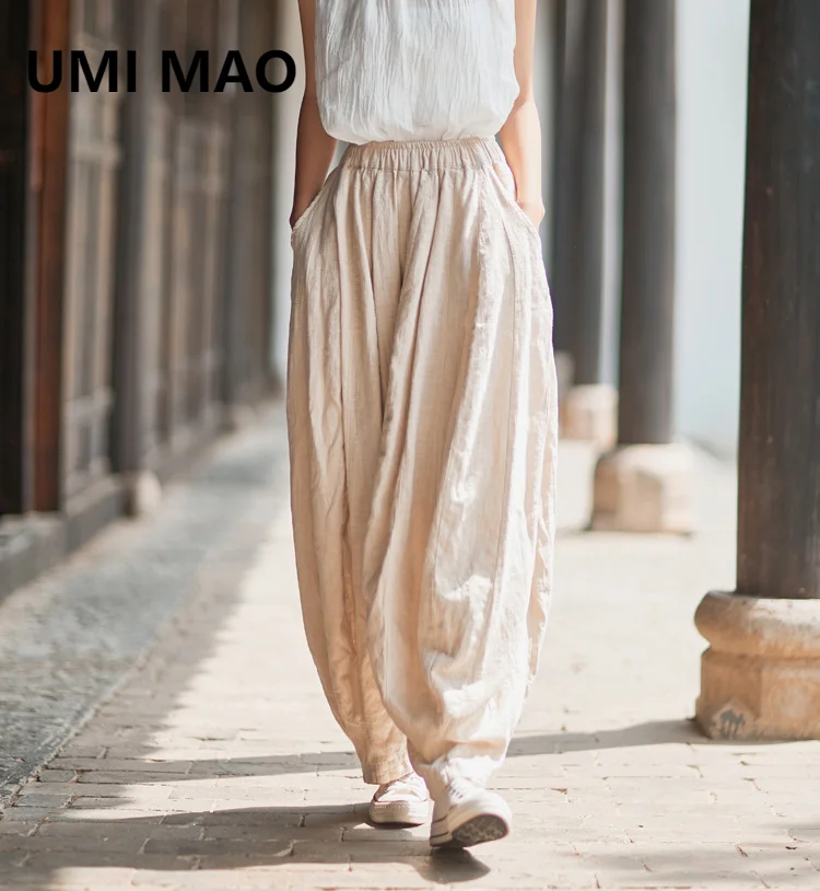 

UMI MAO Chinese Style Pants 23 Spring Summer Cotton Hemp Women's Art Retro Loose Comfortable 32 Piece Spliced Pumpkin Pants