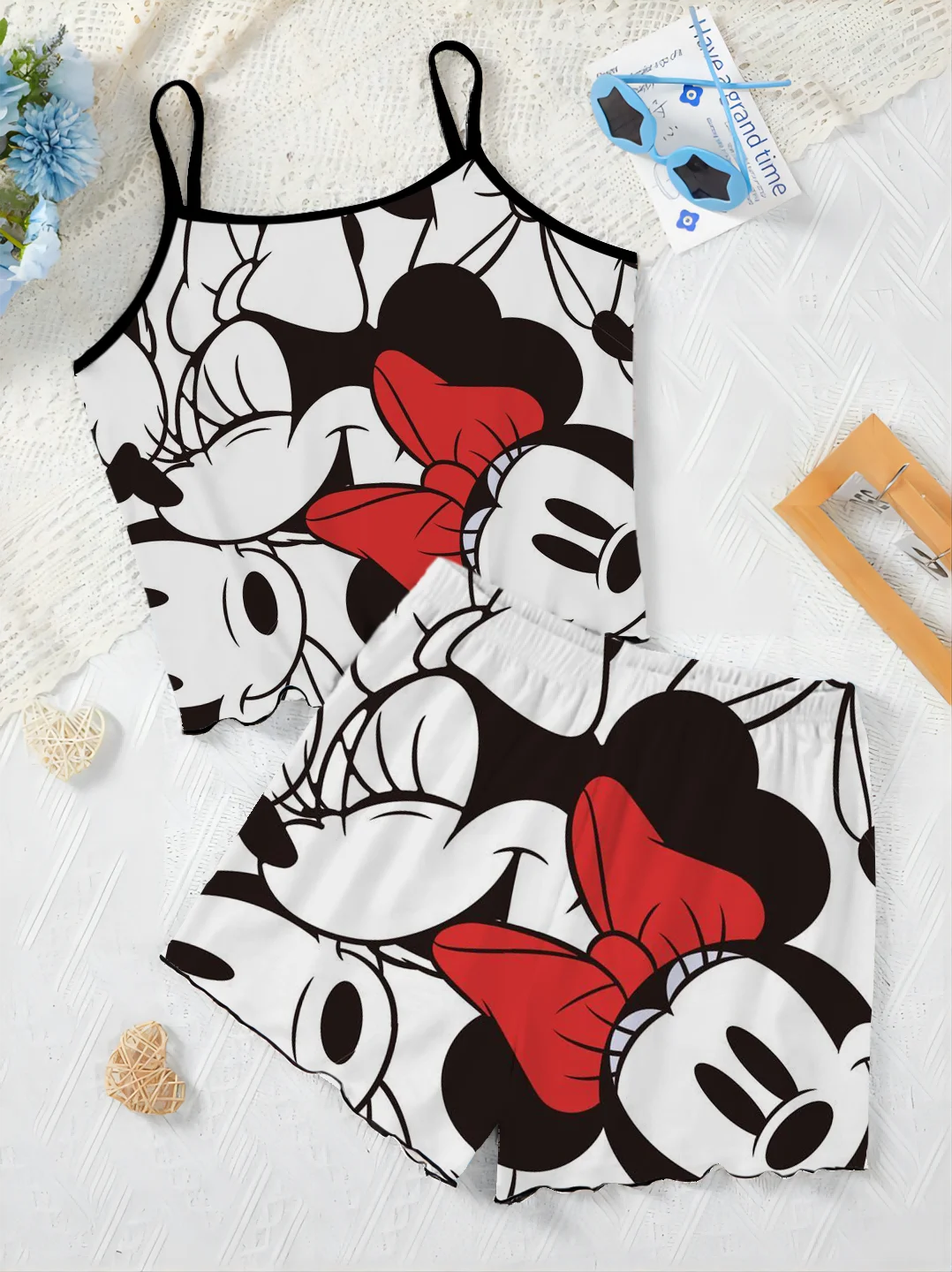 Pajama Skirt T-shirt Elegant Women's Sets Home Dress Minnie Mouse Mickey Lettuce Trim Disney Top Pieces Short Suit Disney Mickey