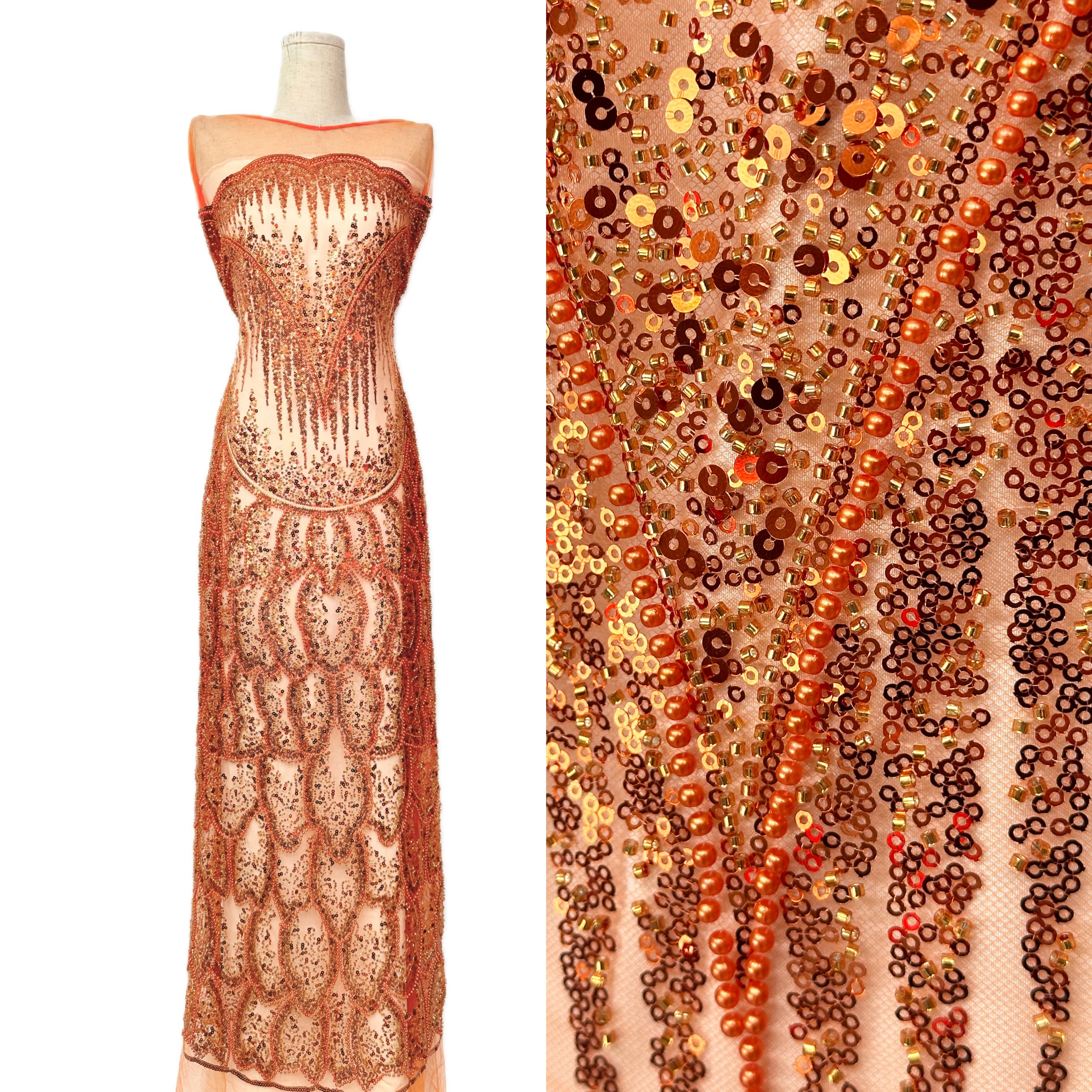 

Оранжевая высококачественная свадебная французская кружевная ткань с вышивкой бисером, нигерийский тюль с блестками для шитья вечерних платьев в африканском стиле