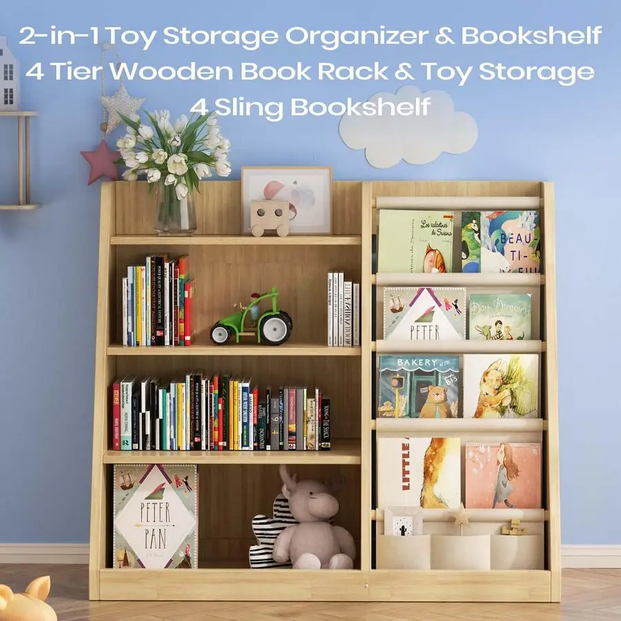 Bücherregal und Spielzeug-Aufbewahrungsorganisator, 4-stufiges Kinder-Bücherregal aus Holz mit Schlinge, Bücherregal im Kinderzimmer, Spielzimmer, Kinderzimmer,