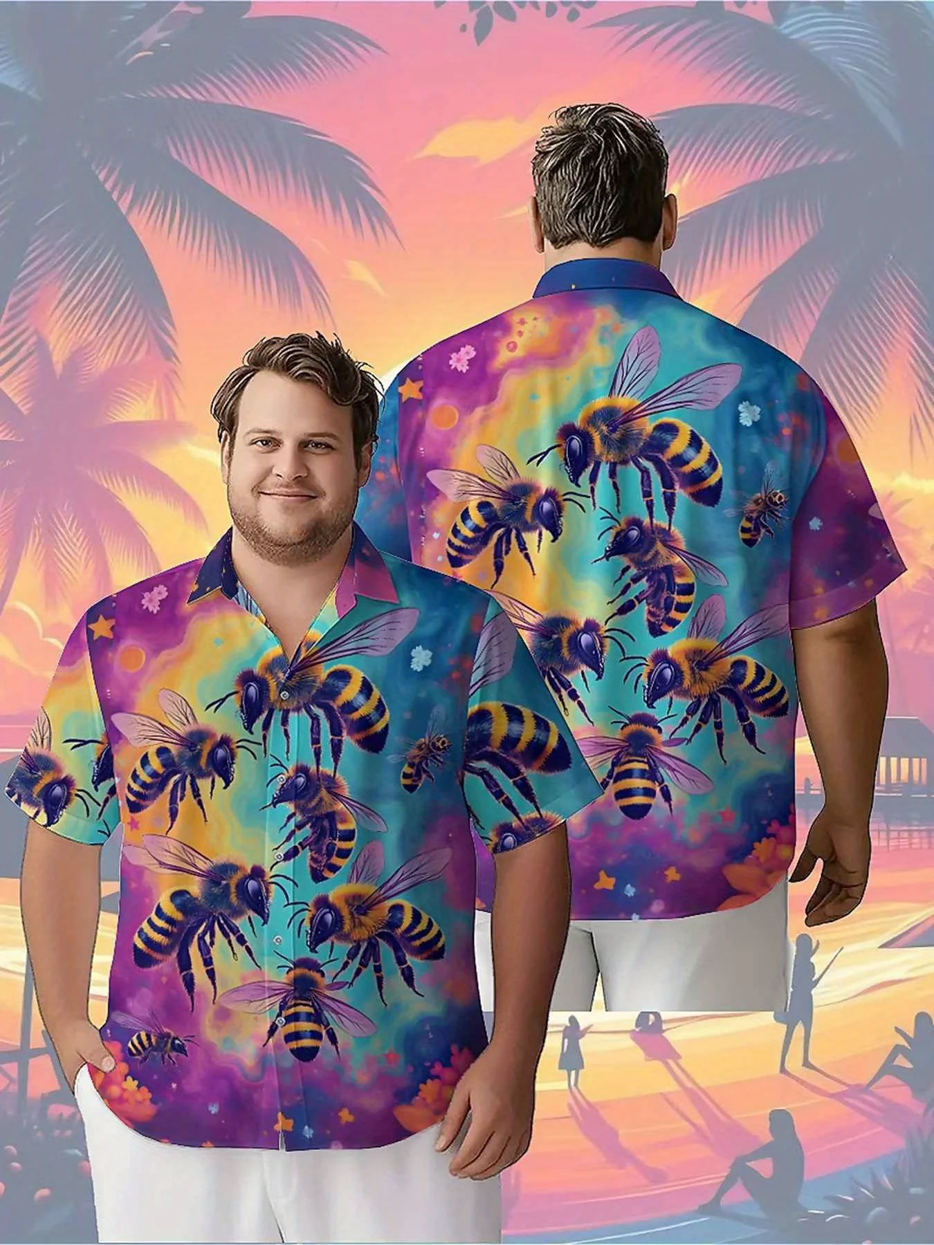 Men's Plus Size Hawaiian Shirts Star Bee Universe pattern,Premium Comfort Youth Clothes,Streetwear Y2K Tops