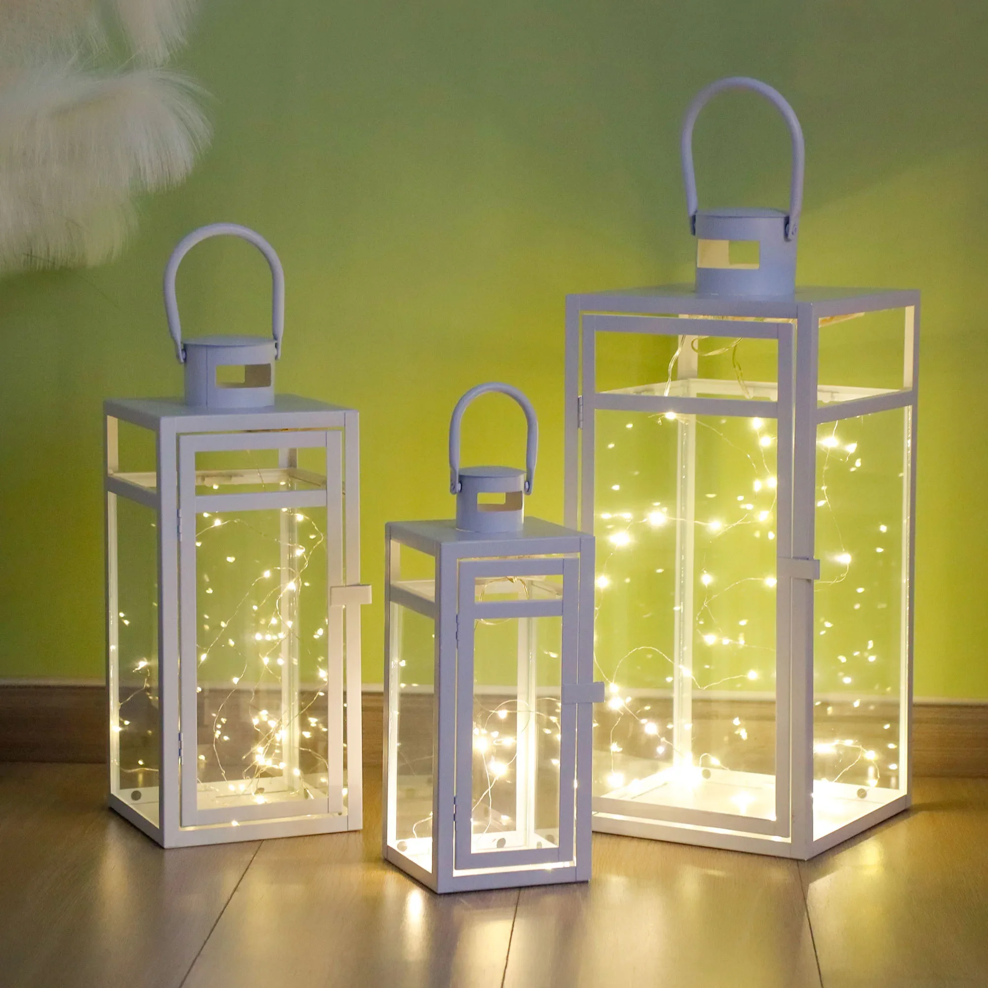 Metal Candle Lantern Set of 3 - Assorted Size (12/15/19 Inch) -Tall Metal Hanging Lanterns with Tempered Panels-White Finish