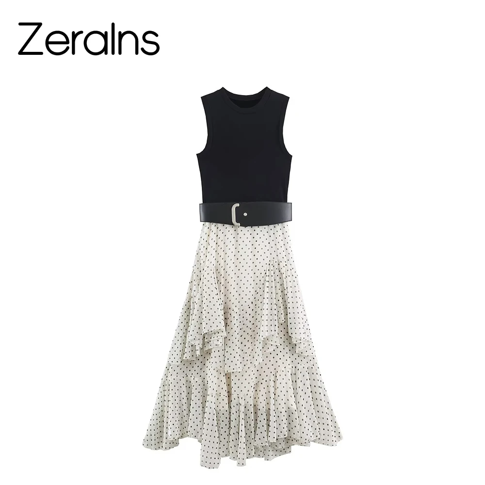 ZERAINS Damen Sommer-Outfit 2026: Neues europäisches und amerikanisches Wellenpunkt-Kleid mit dekorativem, geschichtetem Taillenband und Patchwork – Detail 2