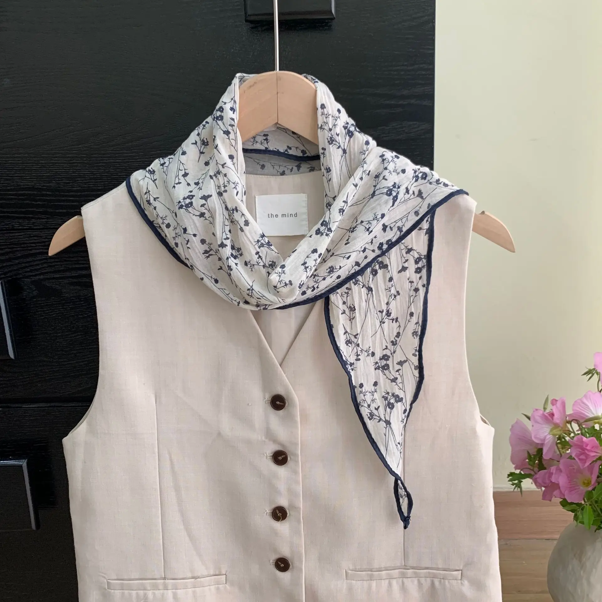 한국 스타일 그레이 블루 페이즐리 스카프 다이아몬드 빈티지 패턴 경량 목 봄 여름 패션 액세서리 여성용 남여 ​