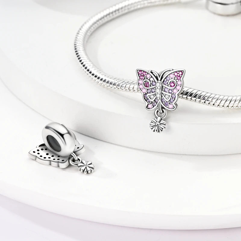 Charms Original 925 Silver Pink Zircon Butterfly Spider Maple Snowflake Star Moon Bead Fit Bracelet Jewelry Diy Women Party Gift
