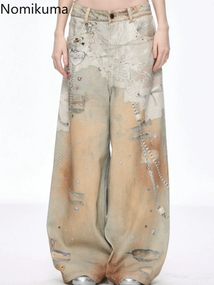 

Harajuku Y2k Wide Leg Pants for Women Streetwear Print Casual Pantalon Femme Fashion Vintage Denim Trousers 2025 New Bottoms
