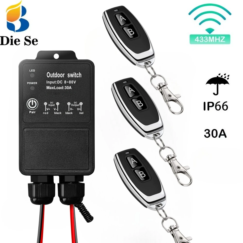 RF433Mhz Universal Wireless Remote Control Switch Waterproof Wireless Receiver DC12V 24V 36V 30A Transmitter for Pump Light Fan