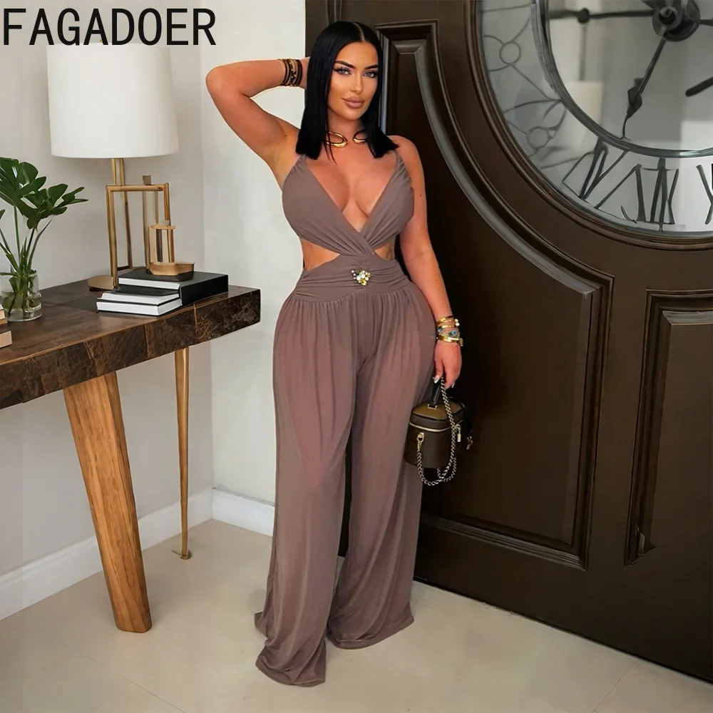 FAGADOER Summer New Sexy Hollow Out Bodycon Jumpsuits Women Spaghetti Strap Deep V Backless Rompers Female Streetwear Overalls