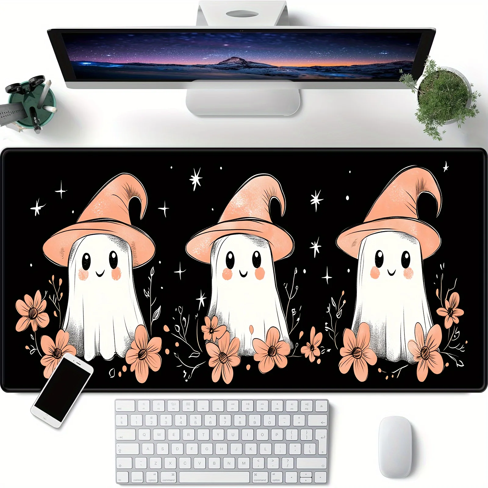 Tappetino per mouse grande a tema Halloween con base in gomma antiscivolo - Copertina per tastiera da ufficio gotica con fantasmi carini e Desi floreali