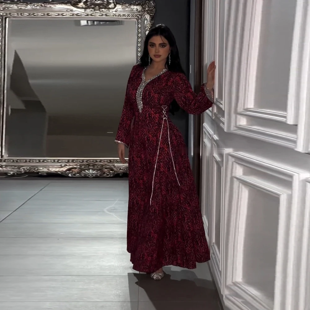 Uni Moroccan Turkish Arab Printing Diamonds Belted Long Dresses Eid Al-Azha Muslim Women Homewear Clothing Saudi Abayas