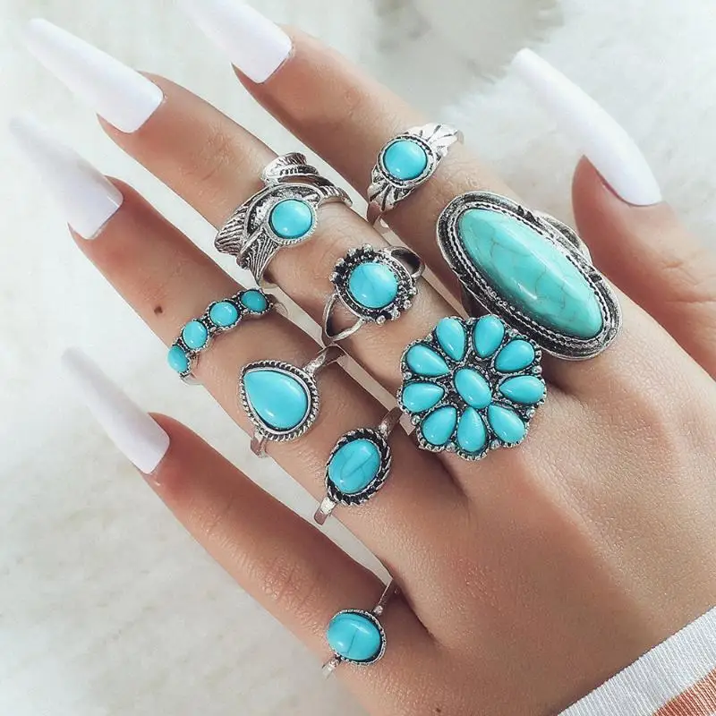 8/9Pcs Vintage Boho Turquoise Rings Set Fashion Women Vacation Style Daily Festival Jewelry Party Decoration Gifts