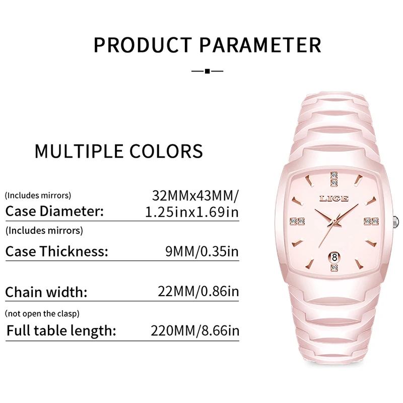 LIGE Women's Wristwatch Elegant Bracelet Fashion Luxury Gift Calendar Ceramic Women Watch Quartz Exquisite Pink Clock Reloj+BOX