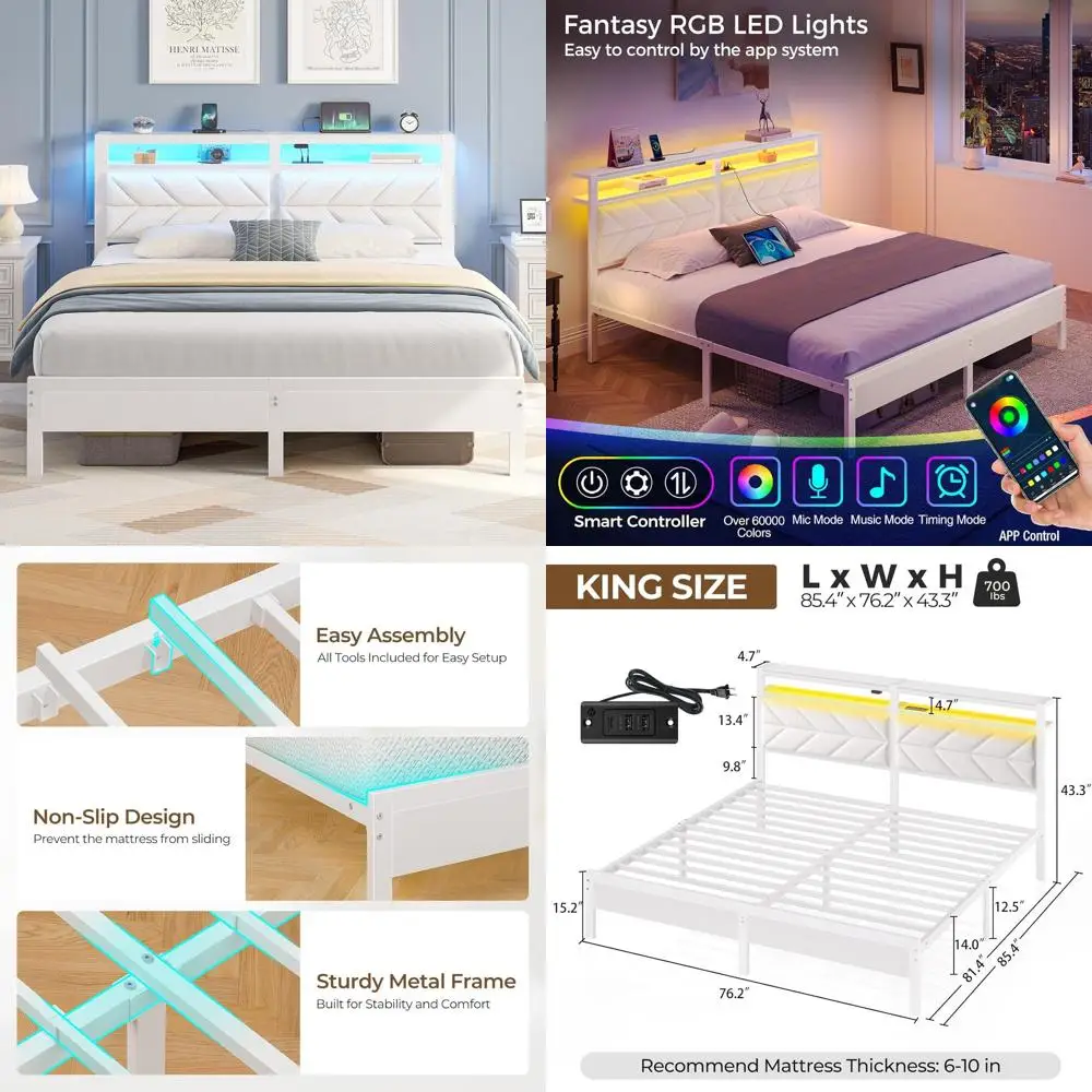 

Белая кровать размера King-Size с зарядной станцией, LED-подсветкой, мягкой обивкой и местом для хранения, металлический каркас, без пружинного блока, простая сборка, бесшумная.
