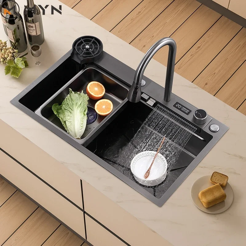 2024 High Quality Nano Surface Black 304 Stainless Steel  Waterfall Rainfall Farmhouse Kitchen Sink With Digital Display