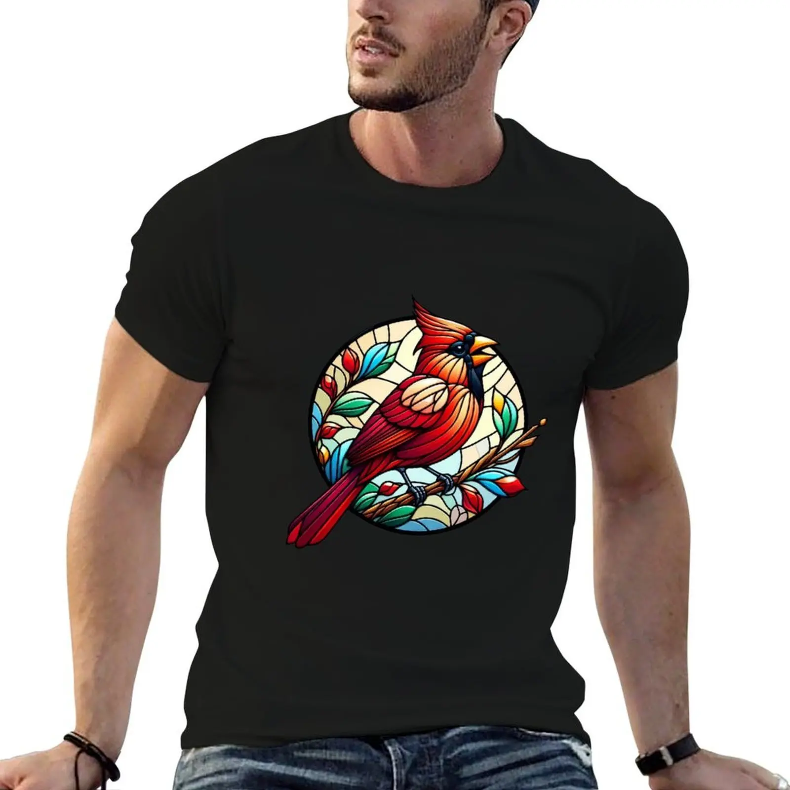 Stained Glass Cardinal Bird T-Shirt Plus Size Simple Casual Top