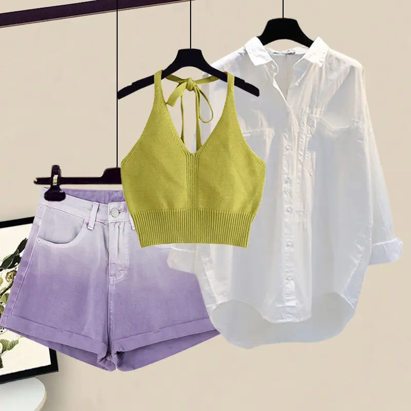 Camisa coreana com protetor solar e shorts jeans femininos, blusa fina, conjunto de 2 peças, vilões, conjuntos de saias, moda verão, novo, 2023