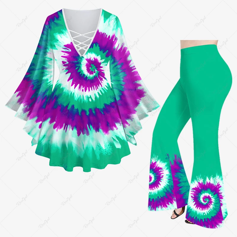 

3D Colorblock Spiral Tie Dye Print For Women Set Crisscross Flare Sleeve Top Or Flare Pants Daily Casual Festival Matching Set