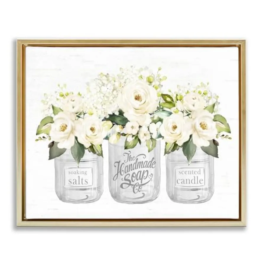 

White Roses Blooming Country Rustic Candle Jars ', Floating Frame Canvas Art, Gold, 21 x 17 Inch, Easy to Hang and Sturdy, Made